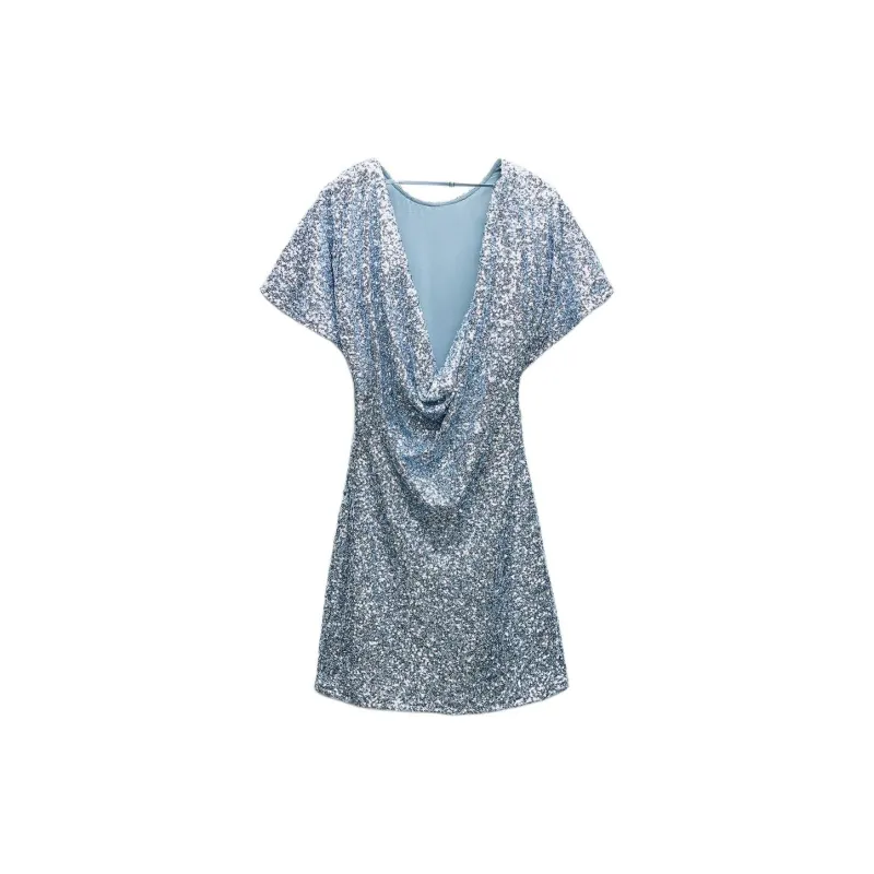 ZARA Short Sleeved Dress Women's Light Blue-1