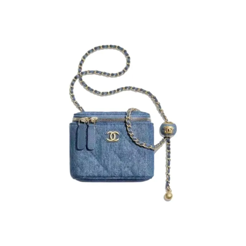 CHANEL 22C Early Spring Small Gold Ball Denim Shoulder Bag, Crossbody Bag Mini Women's Blue-0