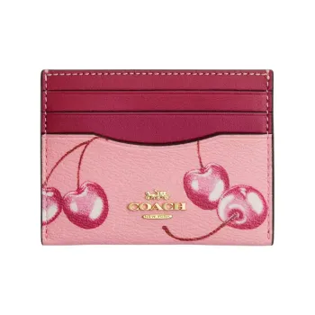 COACH Card Case Coated Canvas With Smooth Leather Extra Thin ID Card Holder Mini Women's Blossom Pink & Bright Purple