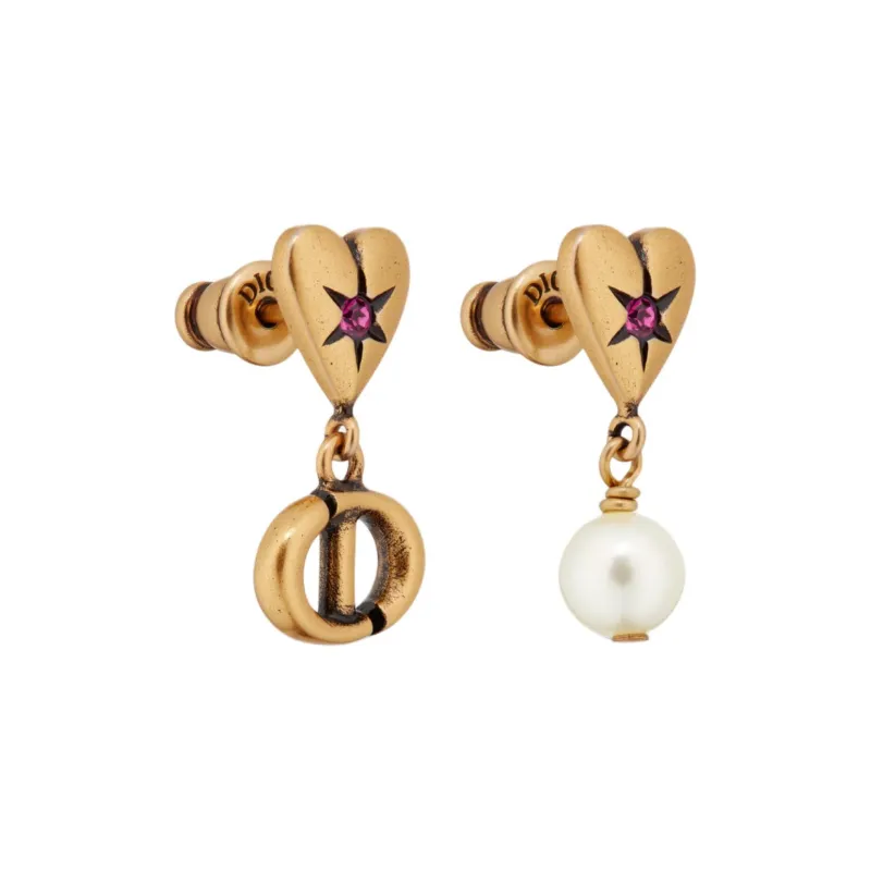 DIOR Metal Artificial Pearl Crystal Earrings Women's Gold-1