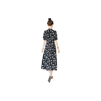 Cypress House Short Sleeved Dresses Women's Black Background Light Gray Floral