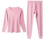 Thermal Underwear Tops+Long Johns Clothing Sets (Bright Pink) Pure Cotton Skin-Friendly/3A Antibacterial/Lace Trims Crew Neck