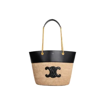 CELINE Plant Material Cow Leather Patchwork Bucket Bag Handbag Shoulder Bag Women's Natural & Black