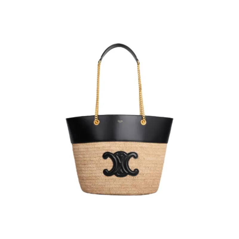 CELINE Plant Material Cow Leather Patchwork Bucket Bag Handbag Shoulder Bag Women's Natural & Black-0