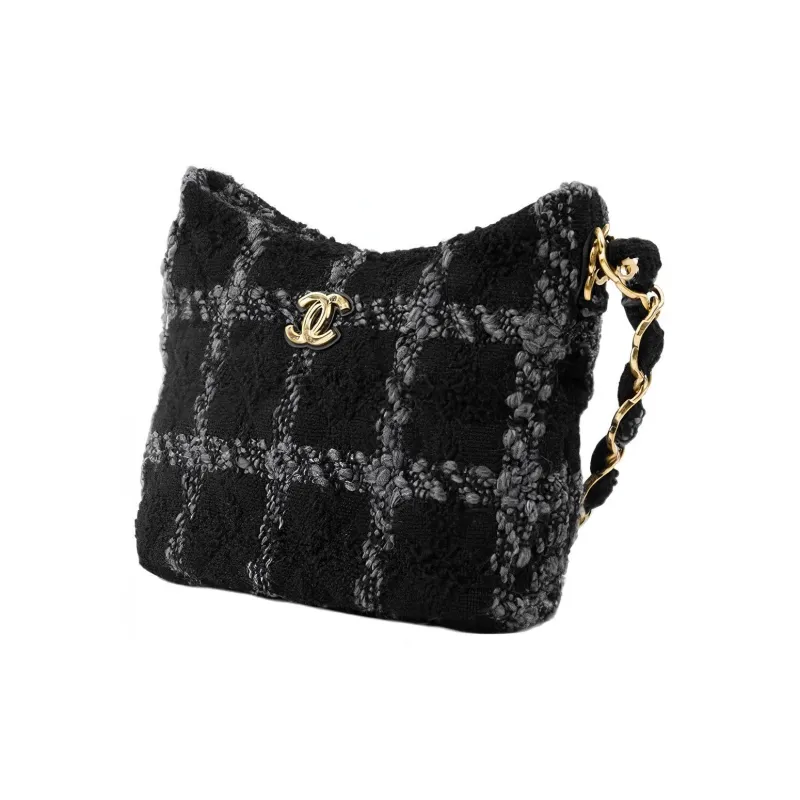 CHANEL 22K Autumn And Winter Woolen Hobo Bag, Hippie Bag, Shoulder Bag, Handbag Women's Black-1