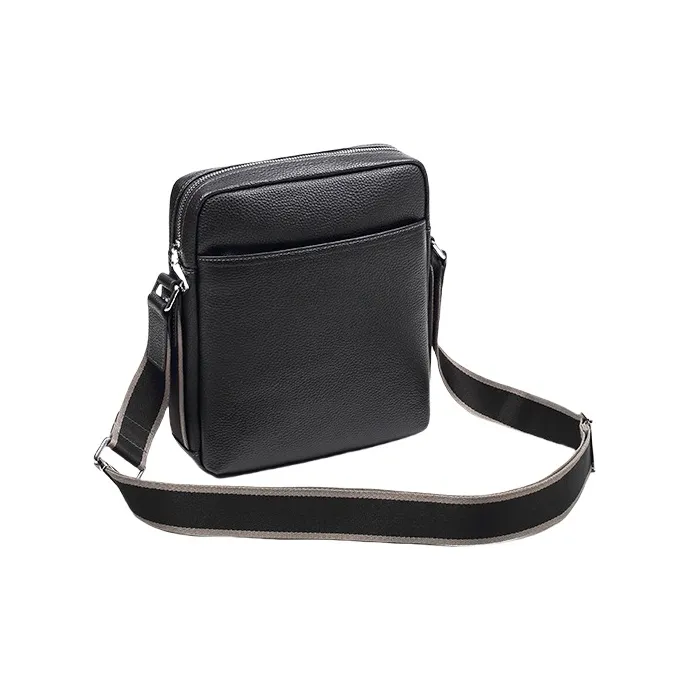 PESASRIE Top Grain Cow Leather Crossbody Bag Messenger Bag Men's Black-4