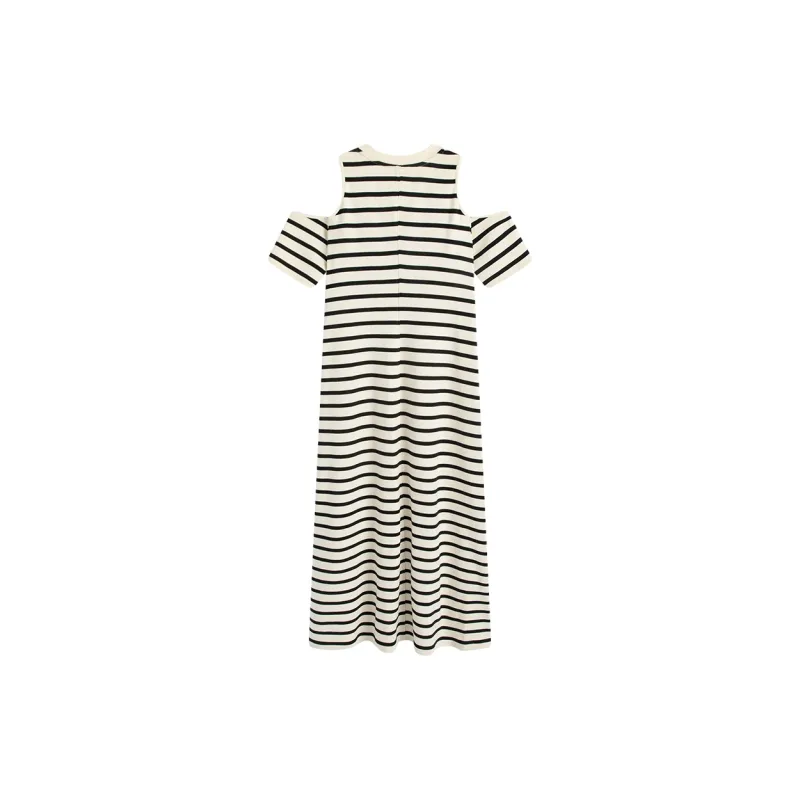 Famanxuan Short-Sleeved Dresses Women's Classic Almond Black Stripe-1
