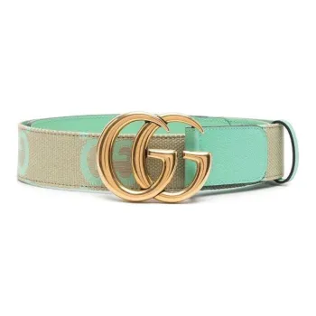 GUCCI GG Marmont Logo Print Smooth Buckle Leather Belts Women's Green 4CM