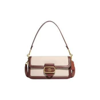 COACH Morgan Canvas With Exquisite Calfskin Handbag Shoulder Bag Medium Size Women's Gold & Natural Multicolor