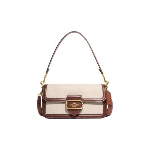 COACH Morgan Canvas With Exquisite Calfskin Handbag Shoulder Bag Medium Size Women's Gold & Natural Multicolor