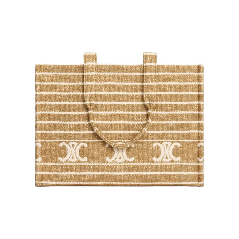 CELINE Striped Fabric With Calfskin Tote Bag, Shopping Bag, Handbag Large Size Women's Smoky-2