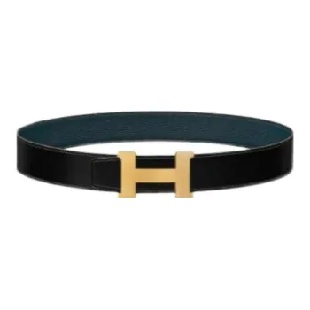 HERMES Double Sided Design, Automatic Buckle Calfskin Leather Belts Men's Black Width 3.8cm