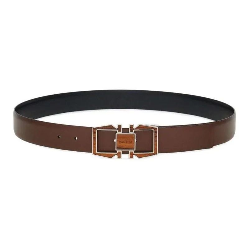 FERRAGAMO Badge Decoration, Smooth Buckle Calfskin Leather Belts Men's Brown Width 3.2CM-0