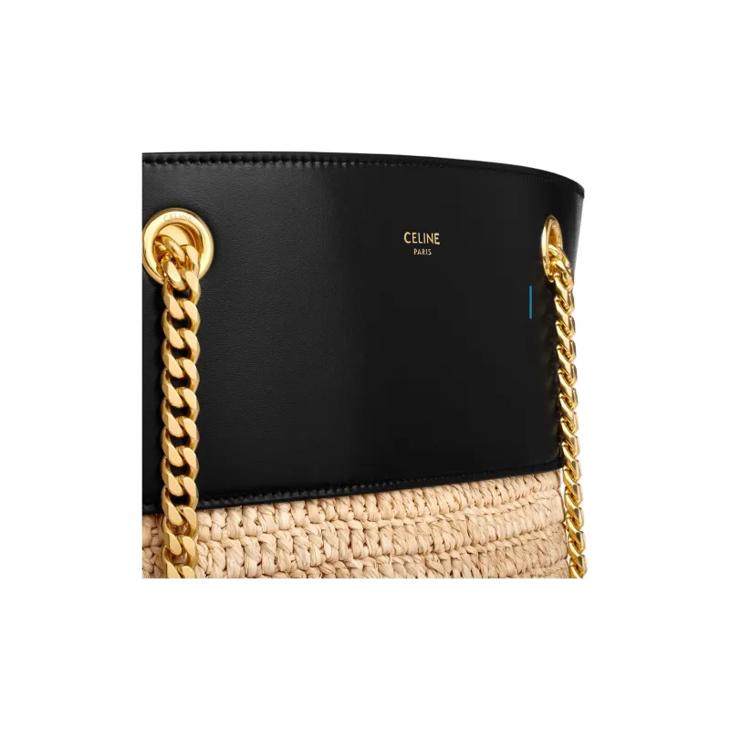 CELINE Plant Material Cow Leather Patchwork Bucket Bag Handbag Shoulder Bag Women's Natural & Black-3