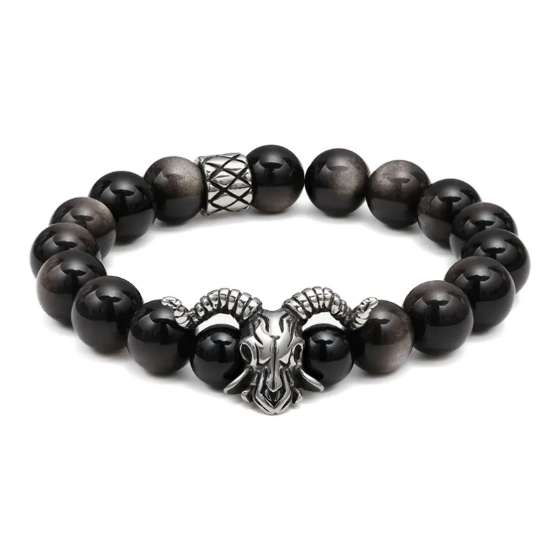 VAXE Obsidian Titanium Steel Advanced Silver Sheen Obsidian Beaded Bracelet Unisex-0