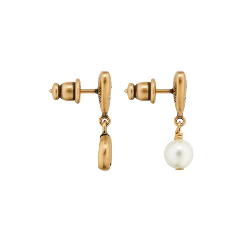 DIOR Metal Artificial Pearl Crystal Earrings Women's Gold-2
