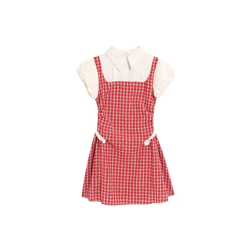 / Short Sleeved Dresses Women's Red Plaid-0