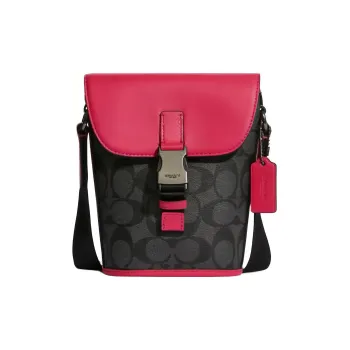 COACH Track Canvas With Leather Shoulder Bag, Crossbody Bag Mini Women's Charcoal Gray & Vibrant Pink