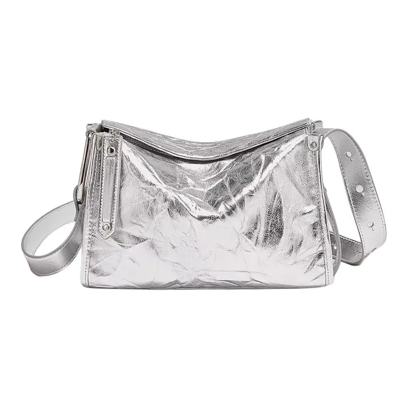 Marino Orlandi Cow Leather Bonded Synthetic Leather Crossbody Bag Large Size Women's Silver/Milkshake White/Black-1