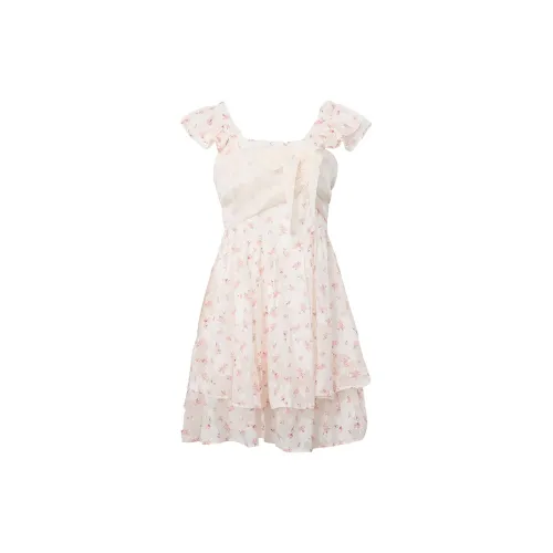 EIDM Short-Sleeved Dresses Women's Soft Pink Floral Pattern