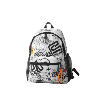 BSELEON Nylon Fabric Backpack Regular Unisex Black And White Graffiti