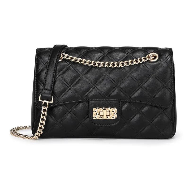 MEXICAN Polyurethane Diamond Pattern Chain Bag, Crossbody Bag Regular Women's Black/Ecru-1