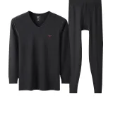 Men's V-Neck Set (Black) 100% cotton Antibacterial/Brushed for Heat Retention