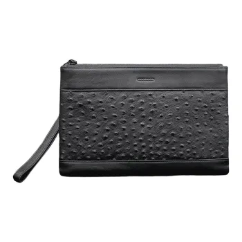 PESASRIE Genuine Leather Top Grain Cow Leather Handheld Envelope Bag Regular Men's Black
