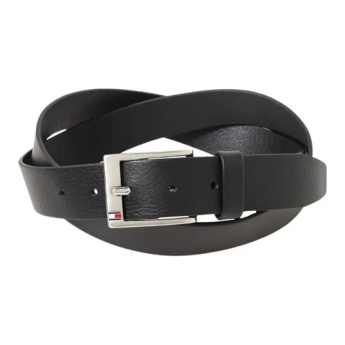 Tommy Hilfiger Logo Emblem Pin Buckle Leather Belts Men's Black
