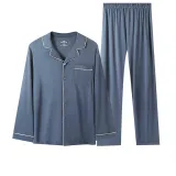 Men's Long-Sleeved Top+Pants Clothing Sets (Gray Blue) 100% cotton Skin-Friendly/Contrast Collar/Loose Fit