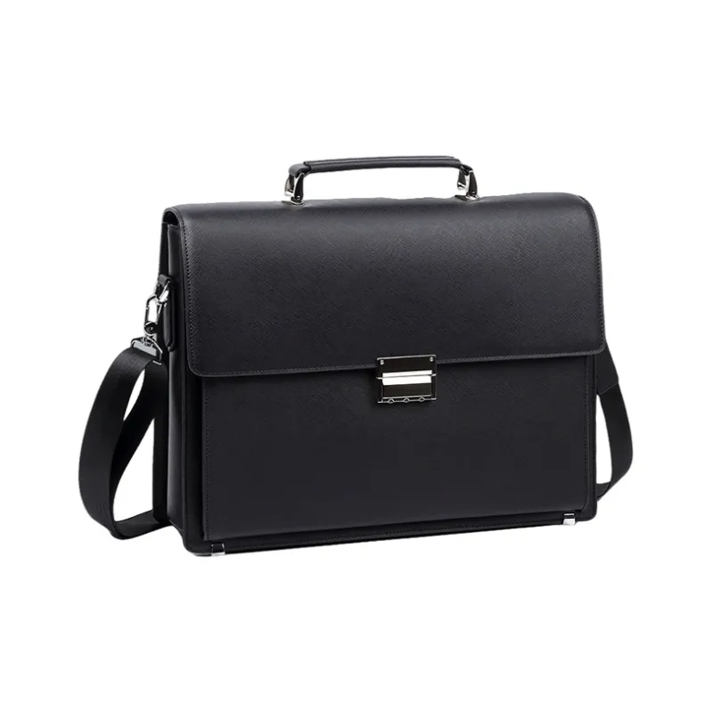 PULUWIRR Cow Leather Handbag Business Casual Regular Unisex Black-1