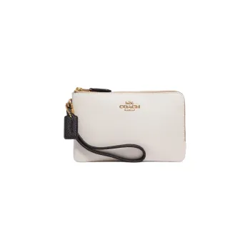 COACH Double Zip Wallet Glossy Pebbled Leather Clutch Wrist Bag Small Size Women's White