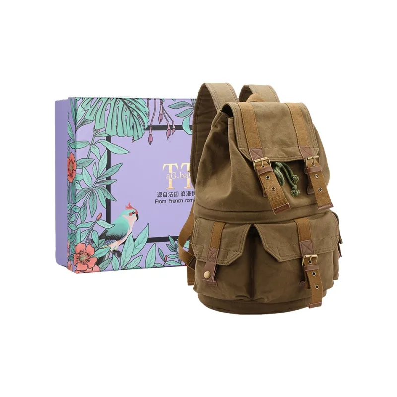 TTaG．baG Canvas Backpack Unisex Khaki/Army Green-7