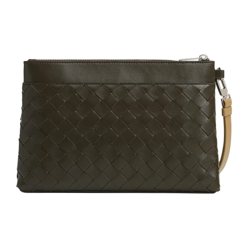 Bottega Veneta Calfskin Clutch Men's Khaki & Deep Praline-2