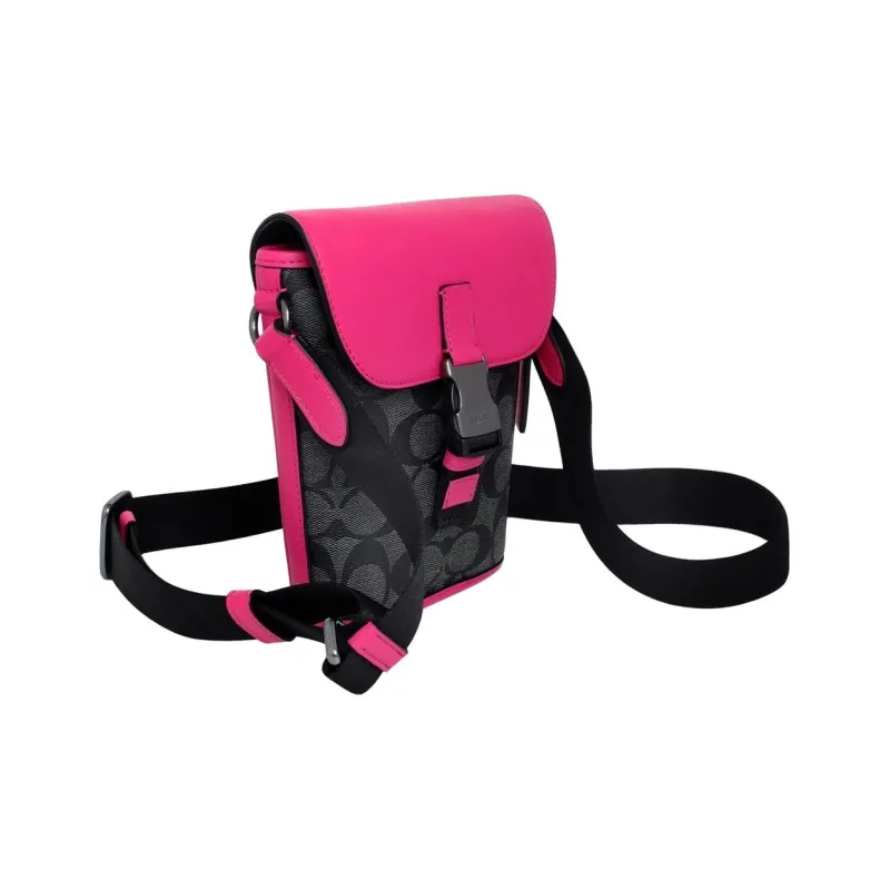 COACH Track Canvas With Leather Shoulder Bag, Crossbody Bag Mini Men's Charcoal Gray & Vibrant Pink-1