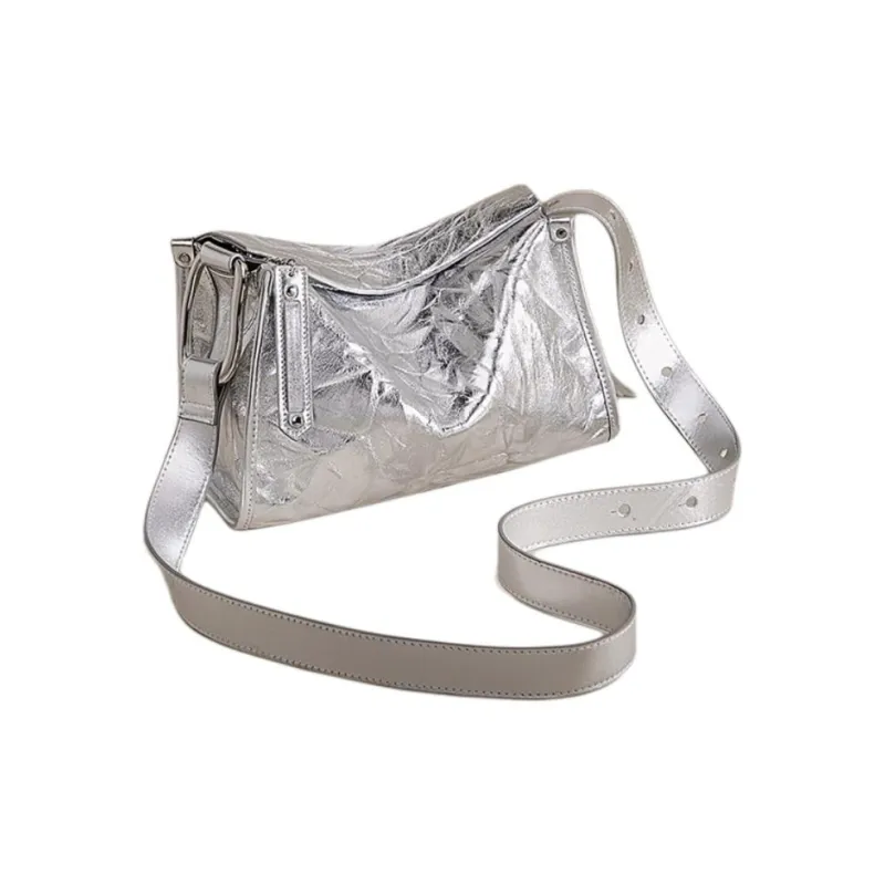 Marino Orlandi Cow Leather Bonded Synthetic Leather Crossbody Bag Large Size Women's Silver/Milkshake White/Black-3