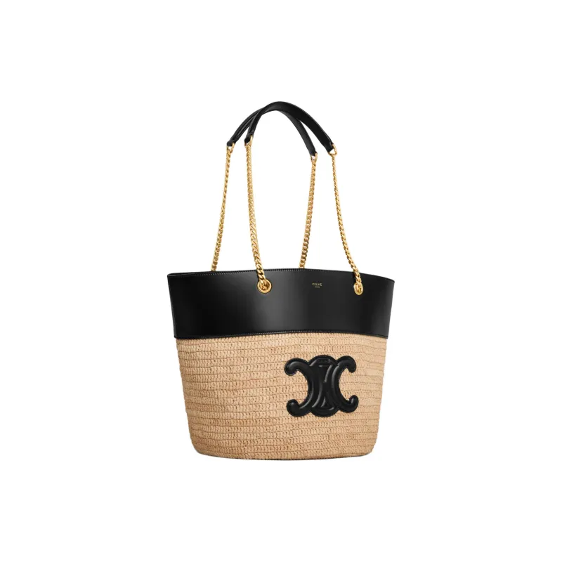 CELINE Plant Material Cow Leather Patchwork Bucket Bag Handbag Shoulder Bag Women's Natural & Black-1