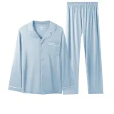 Men's Long-Sleeved Top+Pants Clothing Sets (Light Blue) 100% cotton Skin-Friendly/Contrast Collar/Loose Fit