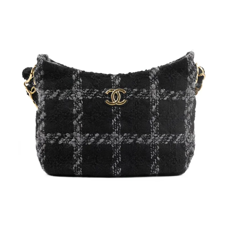 CHANEL 22K Autumn And Winter Woolen Hobo Bag, Hippie Bag, Shoulder Bag, Handbag Women's Black-0