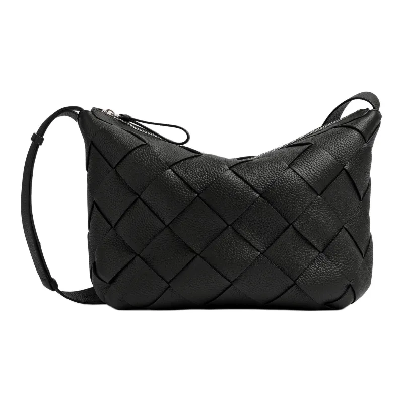 Bottega Veneta Grained Intreccio Leather Patchwork Calfskin Hobo Bag Shoulder Crossbody Men's Black-0
