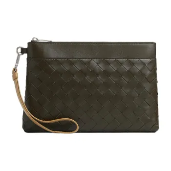 Bottega Veneta Calfskin Clutch Men's Khaki & Dark Praline