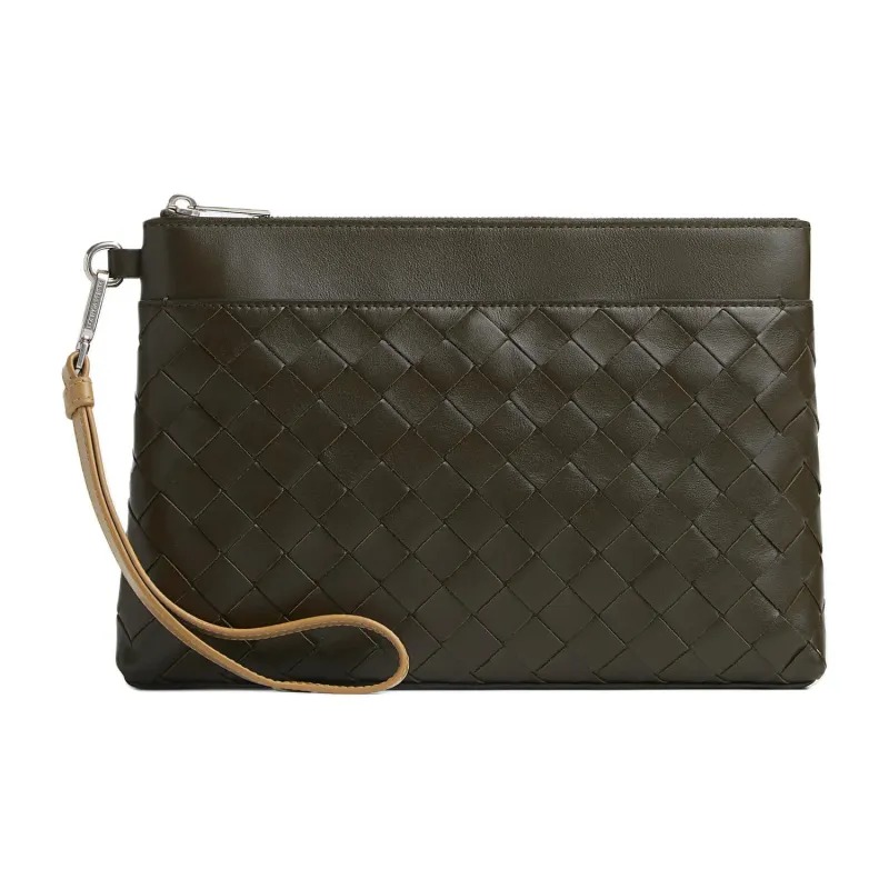 Bottega Veneta Calfskin Clutch Men's Khaki & Deep Praline-0
