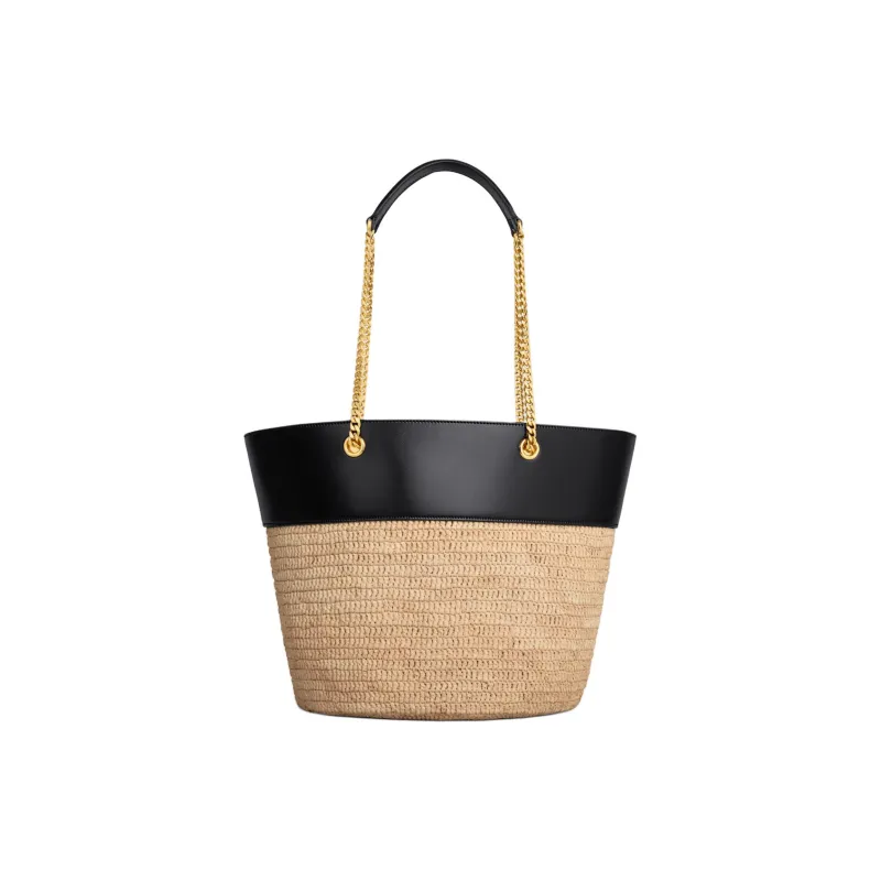 CELINE Plant Material Cow Leather Patchwork Bucket Bag Handbag Shoulder Bag Women's Natural & Black-2