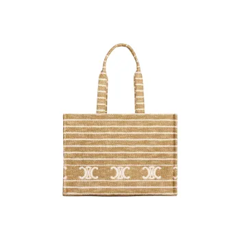 CELINE Striped Fabric With Calfskin Tote Bag, Shopping Bag, Handbag Large Size Women's Smoky