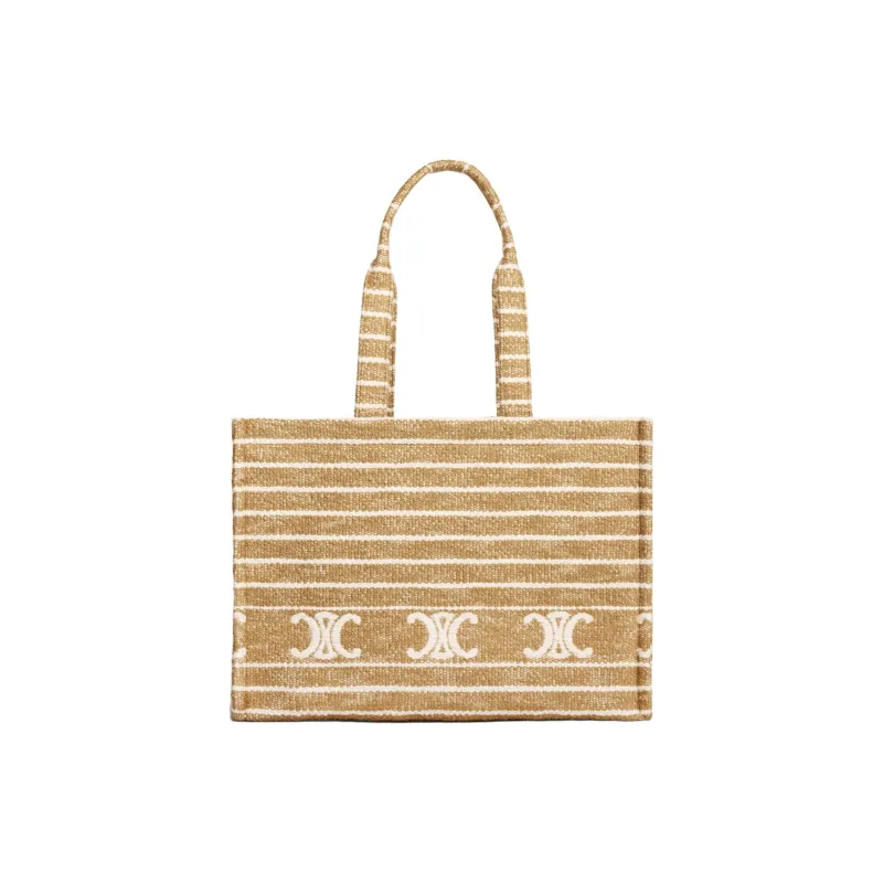 CELINE Striped Fabric With Calfskin Tote Bag, Shopping Bag, Handbag Large Size Women's Smoky-0