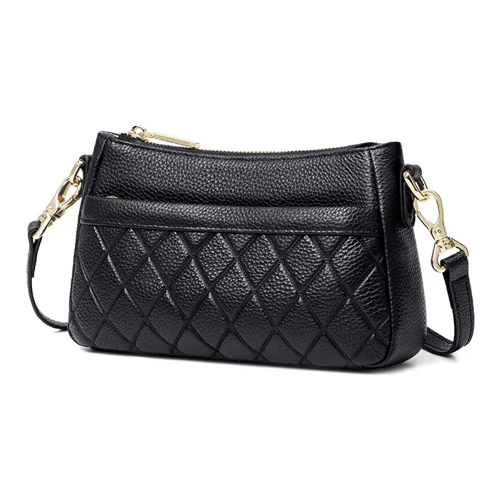MashaLanti Cow Leather With Synthetic Leather Diamond Pattern Bag, Shoulder Bag, Crossbody Bag Women's Black-2