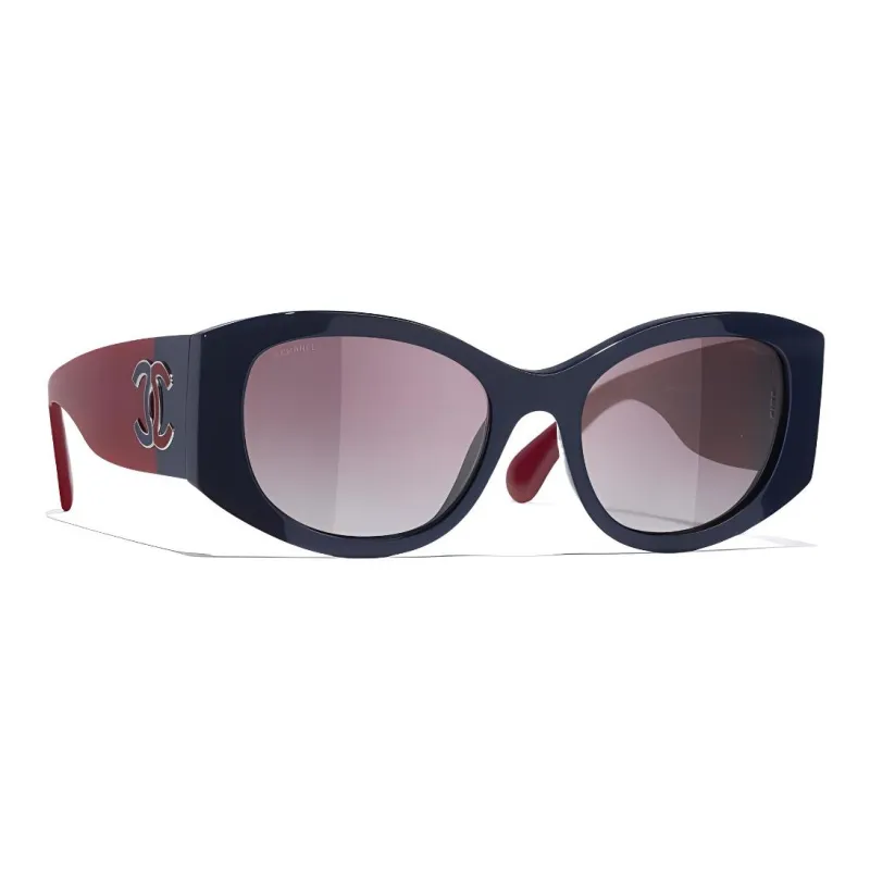 CHANEL Acetate Oval Sunglasses Women's Blue-2