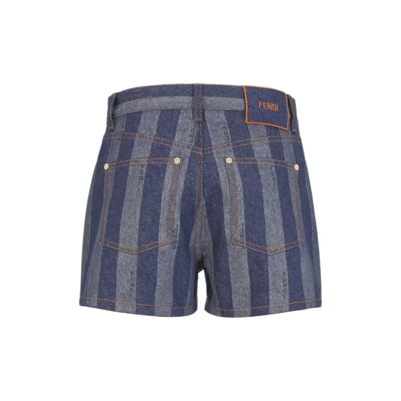 FENDI Logo Embroidered Striped Denim Shorts-1