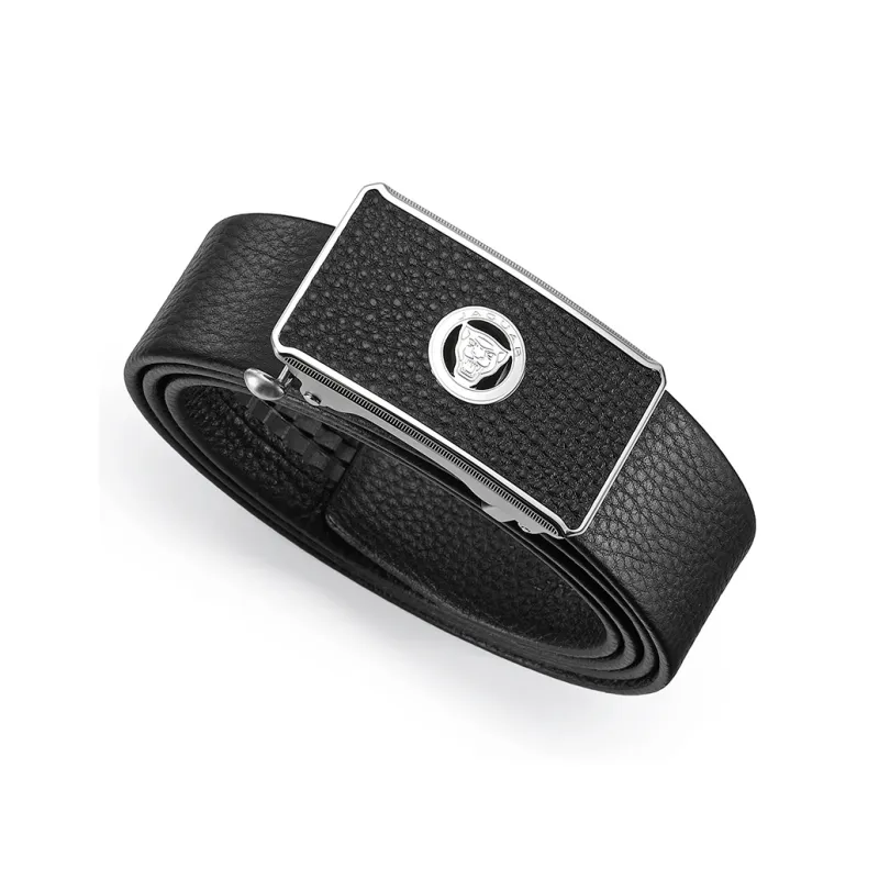 JAGUAR Trendy Men's Fashion Design Automatic Buckle Cow Leather Leather Belts Men's Black Width 3.4cm-3
