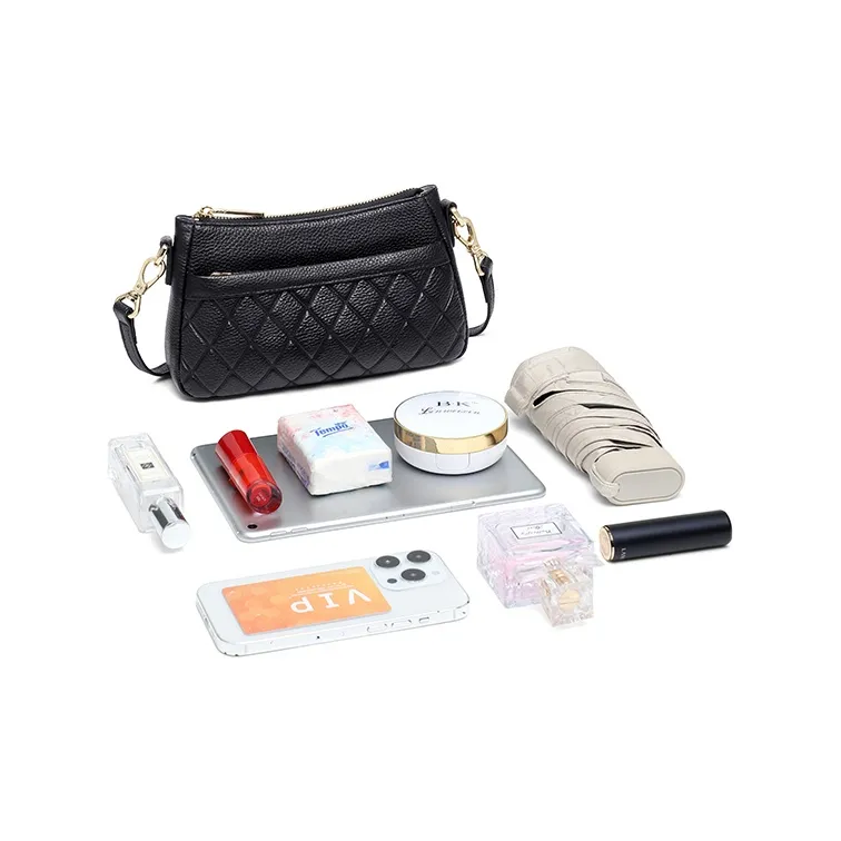 MashaLanti Cow Leather With Synthetic Leather Diamond Pattern Bag, Shoulder Bag, Crossbody Bag Women's Black-5
